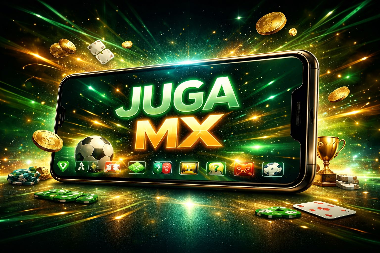Aplicación móvil JUGA MX en pantalla de smartphone con interfaz de juegos