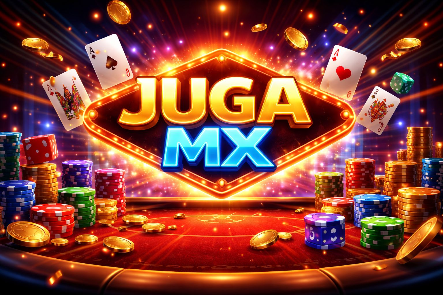 Una escena dinámica estilo casino con fichas brillantes, cartas, dados y un letrero luminoso de JUGA MX en el fondo.