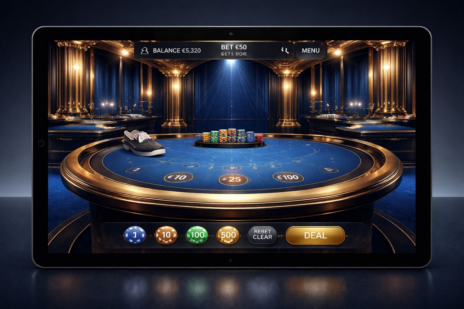 Una configuración elegante de casino en vivo en la pantalla de una tableta mostrando una mesa con crupier con iluminación brillante de estudio y juego interactivo.