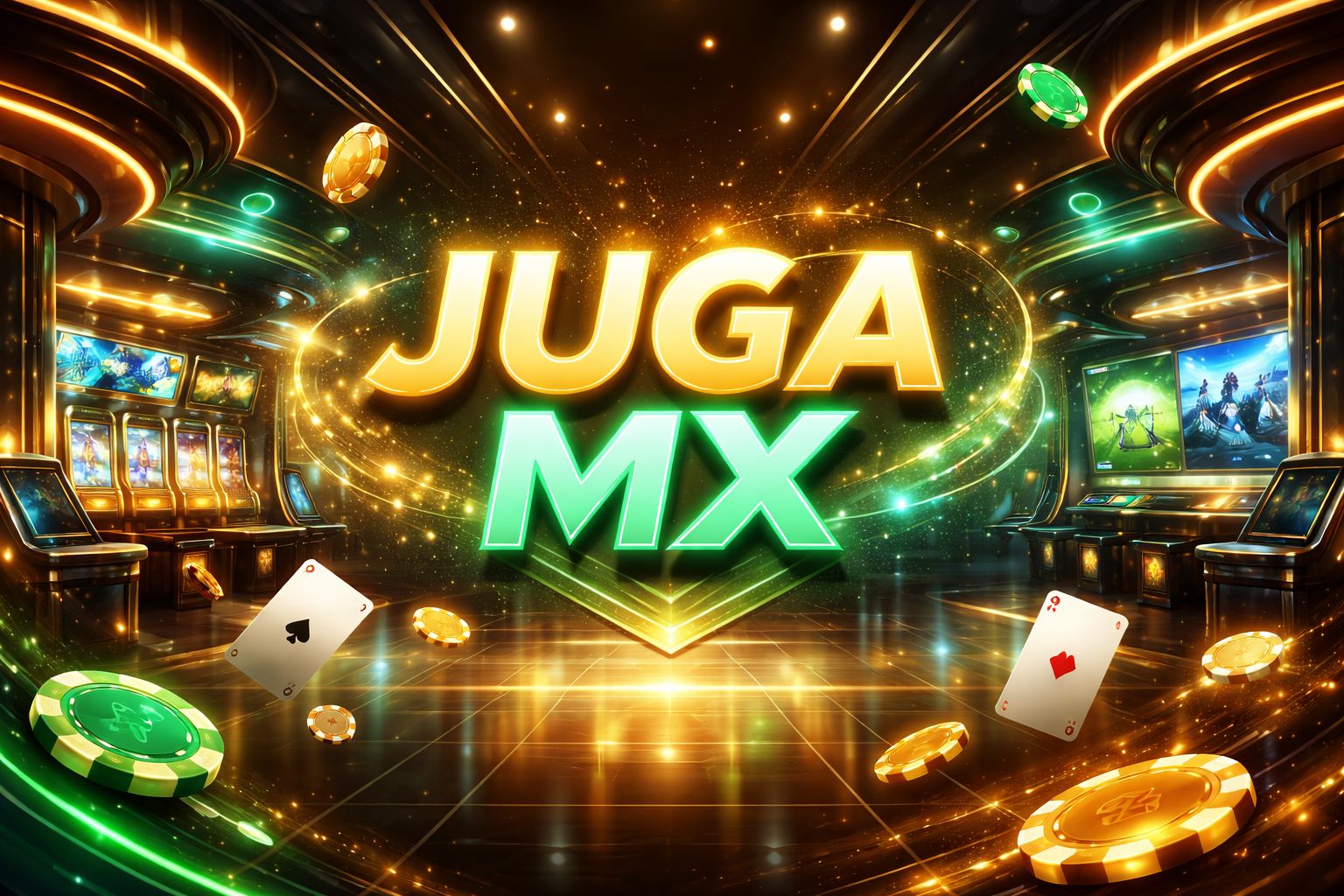 Un vibrante lobby digital de juegos con JUGA MX mostrado prominentemente, luces brillantes, fichas, cartas y elementos deportivos en una atmósfera festiva inspirada en México.