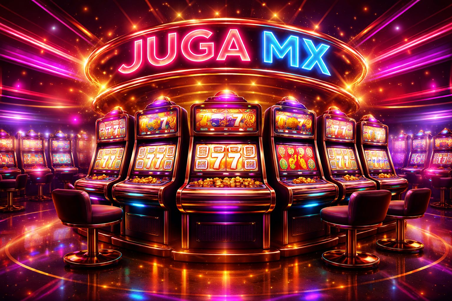 Vestíbulo de tragamonedas JUGA MX con carretes coloridos y visuales brillantes de casino
